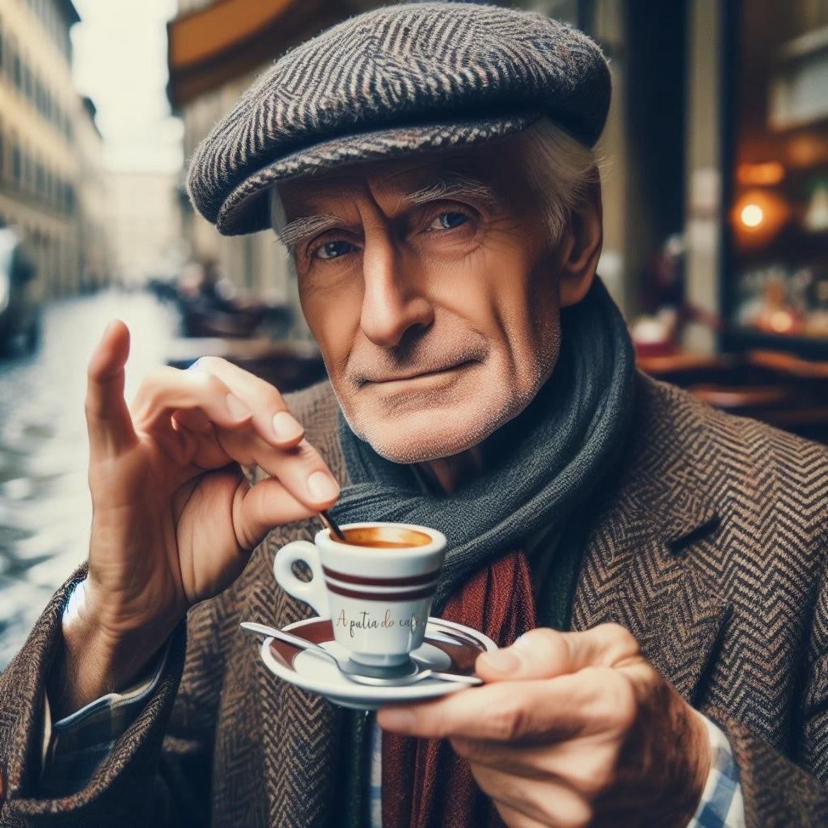 Uomo elegante che sorseggia un caffè siciliano di A Putia Do Cafè, rappresentando la tradizione e l'autenticità.